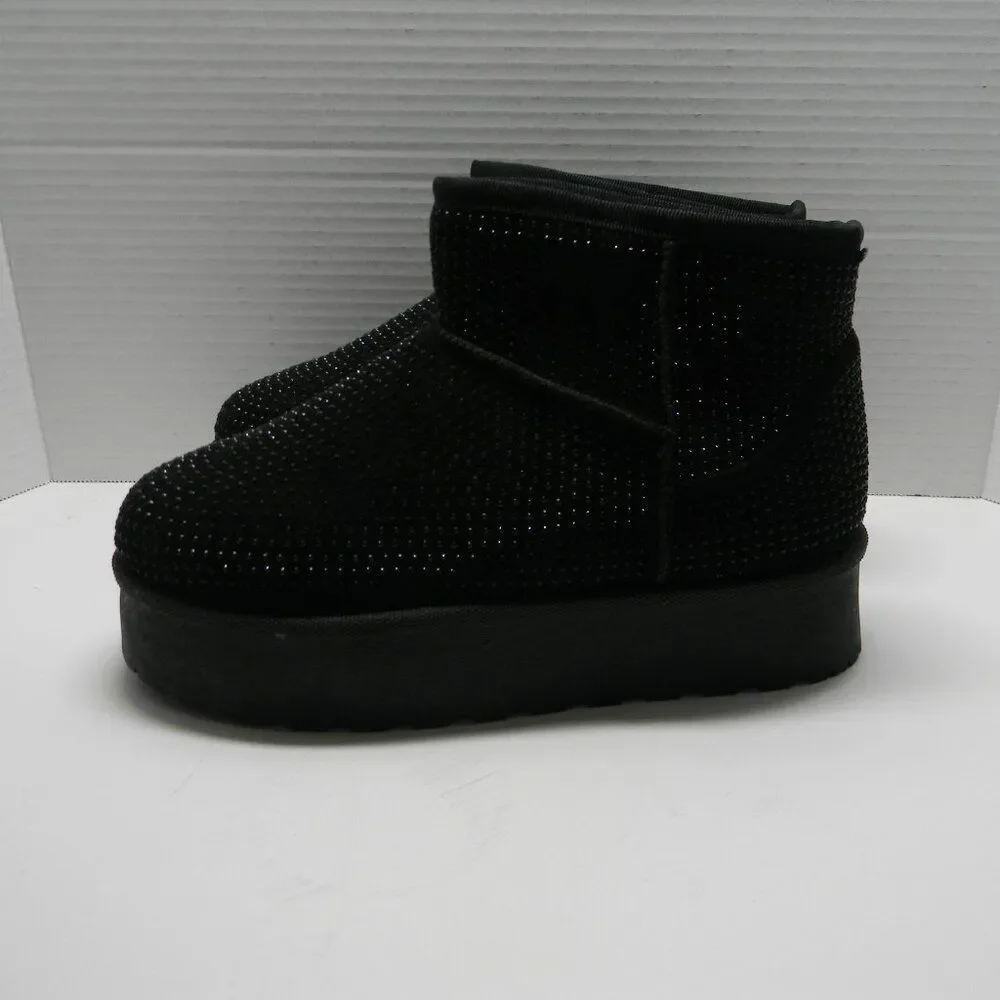Unbranded Black Faux Fur Lined Ankle Boots with Rhinestones Sz 6.5 NWOT